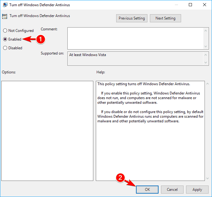 Disable Windows defender on Group policy