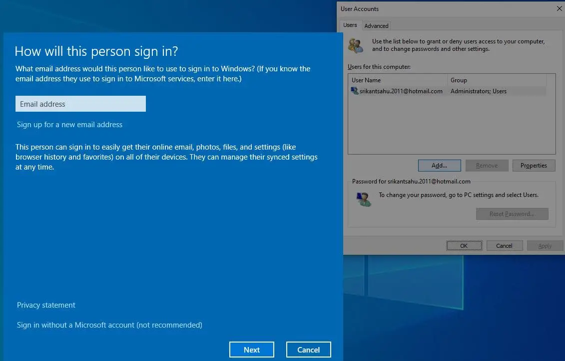 Sign in without Microsoft account