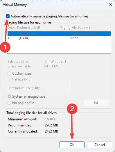 Automatically manage paging file size