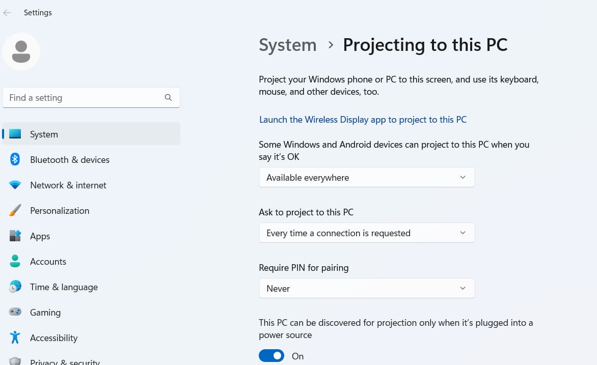 Launch the Connect app to project to this PC