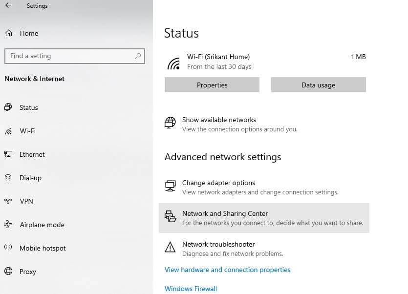 Network and sharing center windows 10