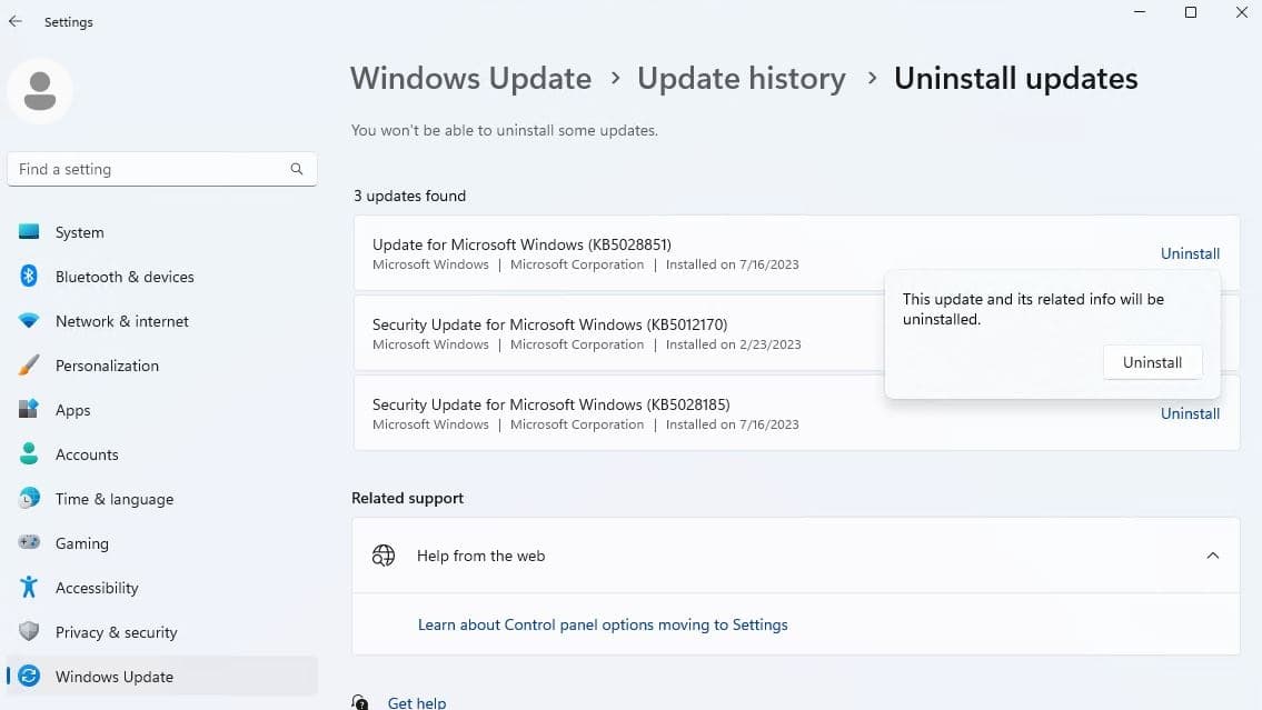 Uninstall windows 11 update