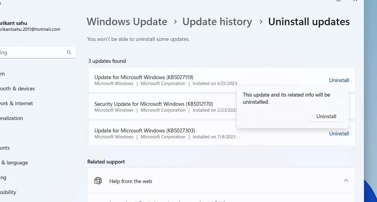 uninstall windows 11 update