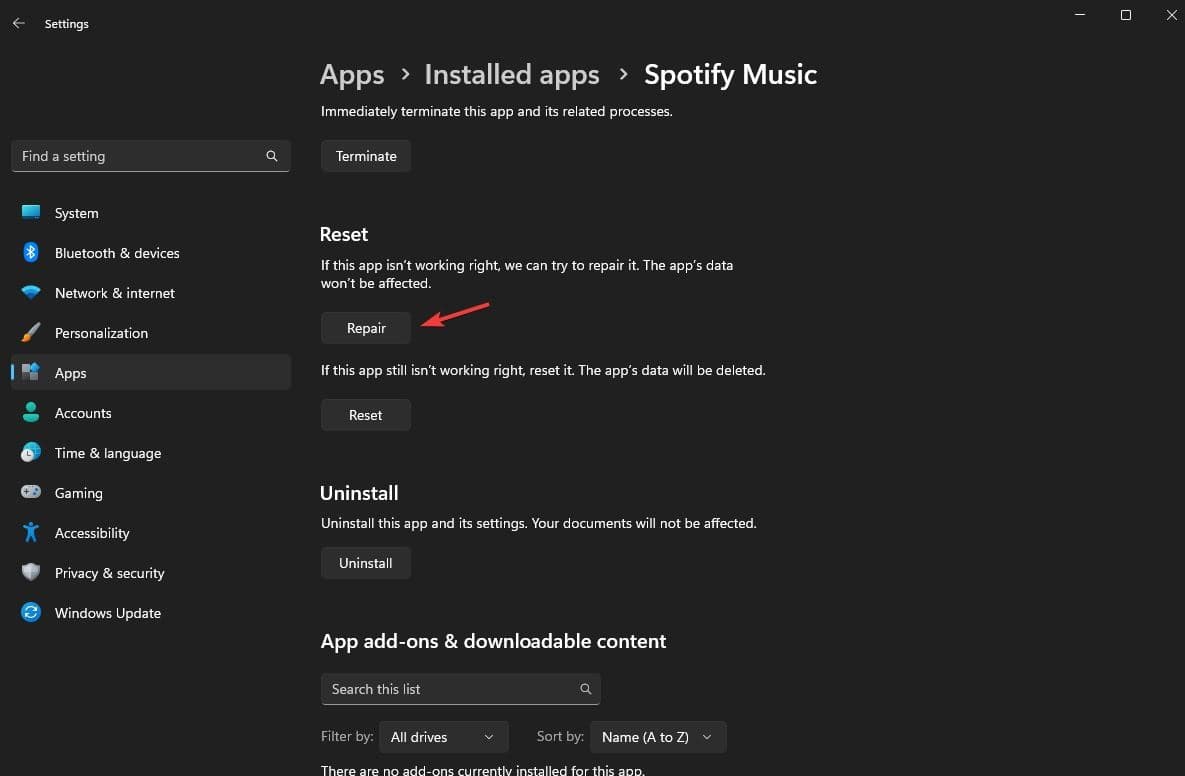 Reset Spotify app