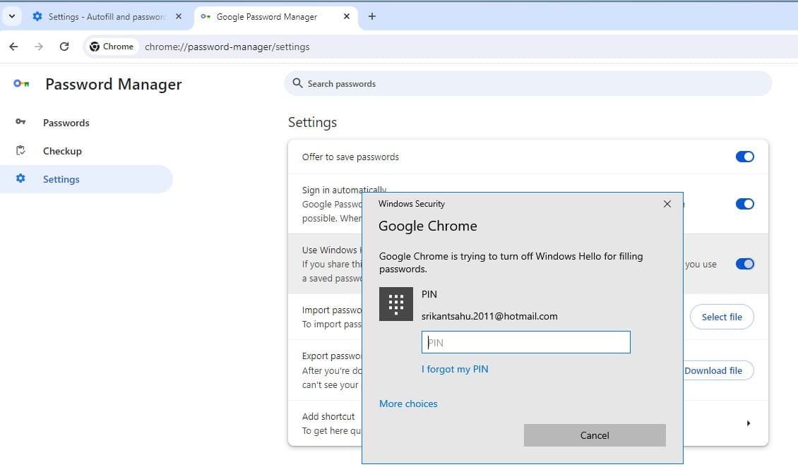 Turn off windows hello for chrome passwords