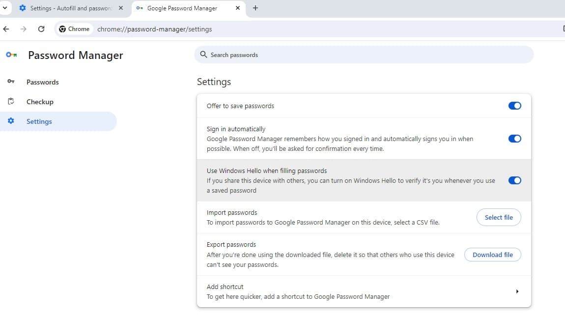 Use Windows Hello when filling Passwords